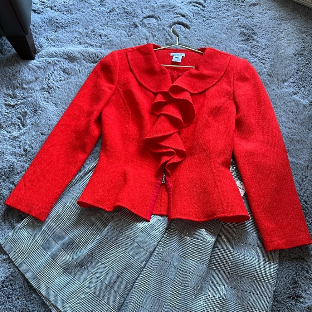 Stunning Oscar de la Renta Red Long-Sleeve Jacket  two-way zip front Blazer SZ 4